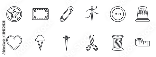 Set of twelve black outline sewing icons for haberdashery and tailoring, featuring a needle, thread, scissors, button, thimble, safety pin, and measuring tape