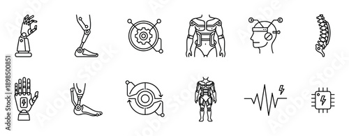 Set of black line icons representing bionics and cybernetics, featuring robotic prosthetics, exoskeletons, neural interfaces, and microchip implants for human enhancement