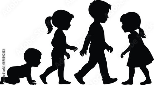 Child growth silhouette sequence showing baby crawling, walking and kids development stages in black illustration