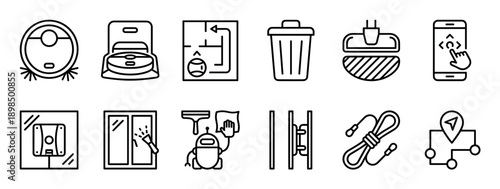 Set of black line art icons representing robotic cleaning and smart home automation technology, including symbols for vacuum cleaners, window washers, navigation, and app control