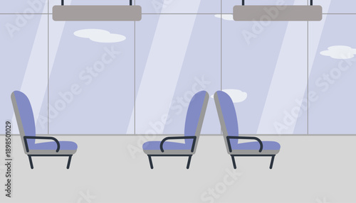 Vector illustration of the airport waiting area, seating against the background of a large window and orientation indicators, the interior of the airport terminal.