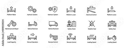 Loading dock leveler and warehouse equipment icons set in a thin line style showing various functions like hydraulic systems, safety checks, maintenance, and remote control