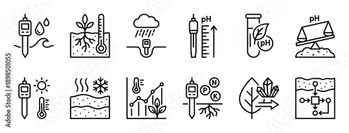 Set of black line icons for soil analysis and smart farming, featuring pictograms for measuring pH, moisture, temperature, and nutrients like NPK for optimal plant growth and health