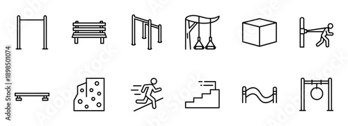 Obstacle course and calisthenics equipment icons in a simple black line art style, showing training elements for parkour, fitness challenges, and athletic competition