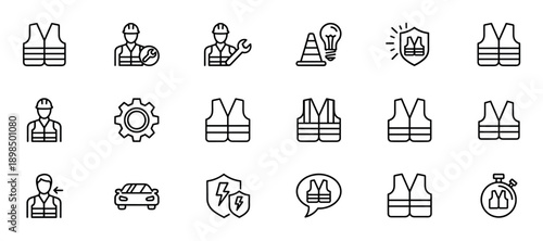 Collection of safety and construction line icons featuring a reflective vest, worker, hard hat, wrench, and other industrial symbols in a clean, minimalist outline style