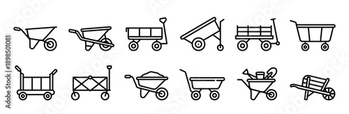 Collection of wheelbarrow and cart icons in a minimalist line art style, showcasing various gardening, farming, and construction transport tools like trolleys and wagons