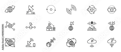 Set of satellite communication line icons representing global networks, data transmission, and wireless technology in a minimalist black and white outline style for various design projects