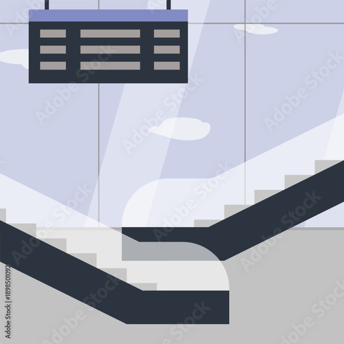Vector illustration of airport terminal interior, escalators, information board.