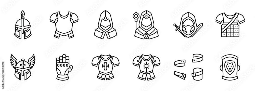 Obraz premium Black and white fantasy armor icon set for video games, featuring various line art illustrations of helmets, breastplates, gauntlets, and hoods for warrior and wizard characters