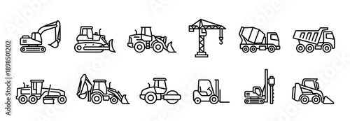 Collection of construction vehicle line icons including an excavator, bulldozer, crane, and dump truck, presented in a clean, minimalist black outline graphic style for industrial themes