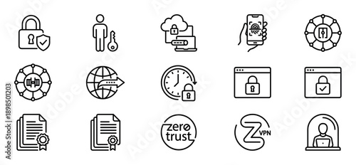 Cybersecurity and data protection line icon set featuring symbols for VPN, zero trust, authentication, and cloud security in a minimalist black and white vector illustration style
