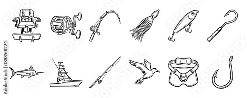 Collection of black and white fishing equipment icons showing a sportfishing boat, marlin, fighting chair, trolling reel, rod, lures, and hooks in a hand-drawn sketch illustration style