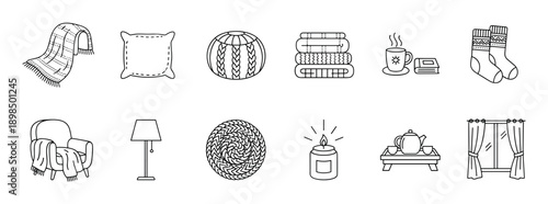 Set of cozy home comfort icons featuring a plaid blanket, pillow, armchair, candle, and hot tea, drawn in a minimalist black and white line art style for hygge concepts