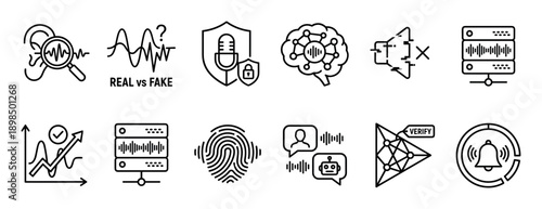 Voice technology and AI security icon set showing deepfake detection, biometric verification, audio analysis, and neural network processing in a minimalist linear style