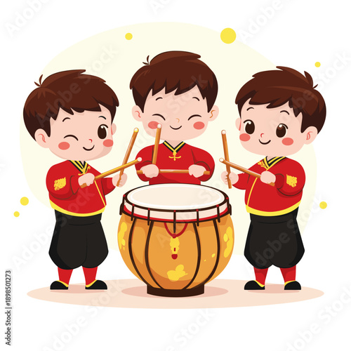Festive Children Drumming for Lunar New Year Celebration