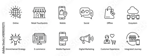 Omnichannel marketing and e-commerce line icon set illustrating concepts like retail touchpoints, mobile payment, customer experience, and digital strategy for business presentations