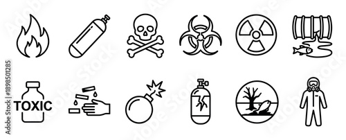 Set of hazard warning line icons representing various dangers, including flammable, toxic, biohazard, radiation, explosive, corrosive, and environmental pollution symbols