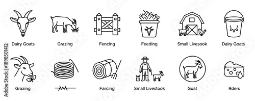 Set of black line icons depicting goat farming, agriculture, livestock, and dairy production in a minimalist, clean, and simple outline style for graphic design elements