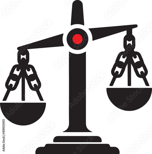 Black silhouette of balanced scales with chains and red center isolated on transparent background