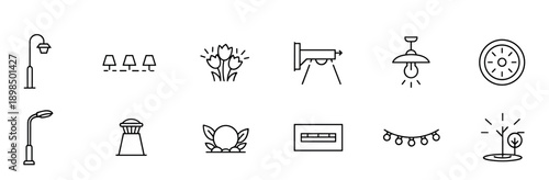 Set of outdoor lighting line icons featuring various garden and street lamps for landscape design, including lampposts, bollards, spotlights, and decorative string lights