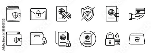 Collection of minimalist security and finance icons featuring symbols for data protection, secure payments, wallet safety, and restricted access for digital and travel concepts
