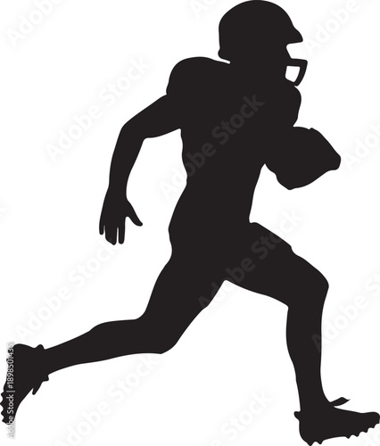 Black silhouette of american football player running with ball isolated on transparent background