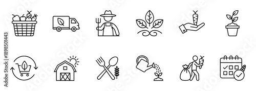 Set of farming and agriculture line icons representing organic food production, harvesting, eco delivery, and sustainable consumption in a minimalist black outline vector style
