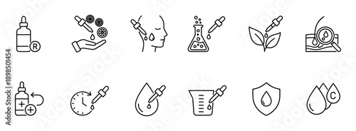 Cosmetic serum and skincare line icon collection illustrating beauty concepts like vitamin C, natural ingredients, anti-aging effects, laboratory testing, and skin protection
