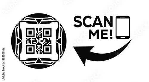 Black and white QR code with bold "SCAN ME" text, smartphone icon, and curved arrow—ideal for mobile interaction, digital marketing, and tech-themed promotional materials.
