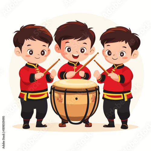 Festive Children Drumming for Lunar New Year Celebration