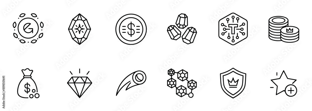 Fototapeta premium Collection of black line art icons representing finance, gaming rewards, and digital assets, including symbols for coins, gems, tokens, and achievements for user interface design