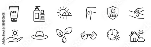 Sun protection and skincare line icon set featuring sunscreen, lotion, sunglasses, and a hat for summer safety and UV defense, presented in a clean minimalist outline style