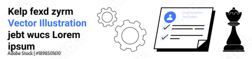Business strategy, productivity, problem-solving, decision-making, goal-tracking, teamwork. A checklist, chess piece and gears convey strategic planning. Business strategy and productivity concept
