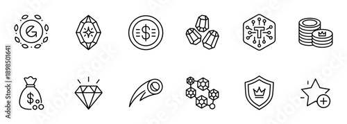 Collection of black line art icons representing finance, gaming rewards, and digital assets, including symbols for coins, gems, tokens, and achievements for user interface design