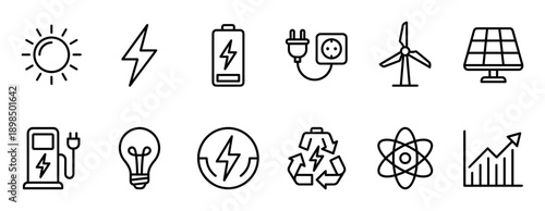 Set of black line art icons representing energy, electricity, and renewable power sources, including symbols for solar, wind, battery, charging, recycling, and consumption