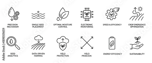 Set of smart farming line icons for precision agriculture, illustrating concepts like data-driven farming, sustainability, electronic monitoring, and yield protection in a minimalist style