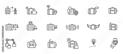 Smart luggage and travel technology icon set featuring thin line symbols for baggage tracking, security, charging, and airport automation, designed in a clean, modern vector style