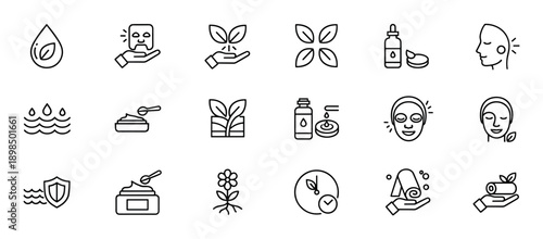 Skincare and beauty thin line icon set representing natural cosmetics, spa treatments, face masks, serum, and organic ingredients for self-care routines in a minimalist vector style