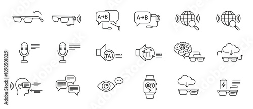 Collection of thin line icons depicting smart translation devices and concepts like augmented reality glasses, voice assistants, cloud computing, and AI-powered communication