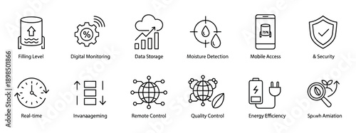 Set of black thin line icons representing smart farming, agritech, and industrial automation concepts like data monitoring, remote control, and quality control in a minimalist style