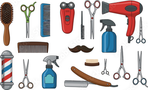 Collection of professional barber shop tools and equipment vector illustration isolated on white background featuring scissors comb razor and red hair dryer.