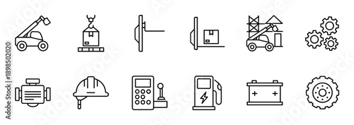 Set of black line icons representing industrial machinery and construction equipment including a forklift, crane, engine, hard hat, gears, battery, and fuel pump for engineering concepts