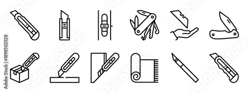 Cutter knife and utility blade icon set in a minimalist line art style showing various tools like box cutters, scalpels, and multi-tools for different cutting applications