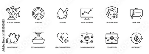 Set of smart farming line icons for dairy production and agriculture technology, illustrating robotic milking, data tracking, health monitoring, and sustainability symbols in a minimalist vector style