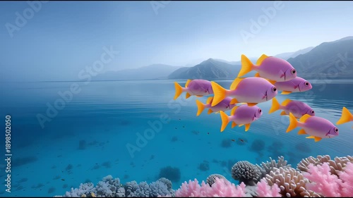 Wallpaper Mural Vibrant underwater scene featuring colorful koi fish swimming above coral and a serene lake Torontodigital.ca