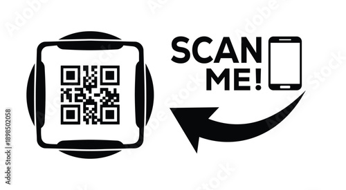Black and white QR code with bold "SCAN ME" text, smartphone icon, and curved arrow—ideal for mobile interaction, digital marketing, and tech-themed promotional materials.
