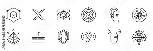 Set of black thin line technology icons representing biometrics, security, networking, and data concepts in a minimalist vector style for digital interface design