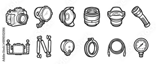 Collection of underwater photography gear icons drawn in a black and white doodle style, featuring a camera rig, lights, lenses, ports, and a pressure gauge for scuba diving