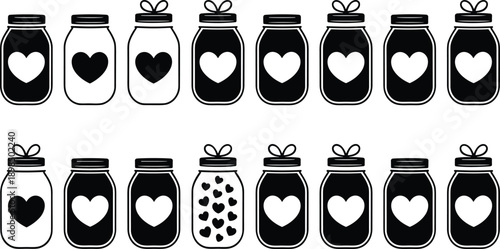 Love jar icon set with heart symbols, romantic valentine gift bottles in black silhouette illustration design