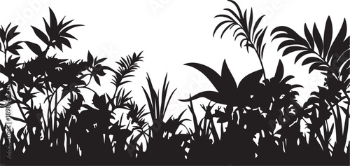 Vector illustration of a grass and bamboo forest silhouette design featuring tropical leaves and floral branches for a nature-inspired spring pattern